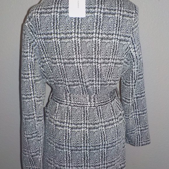 SHINESTAR COLLECTION MS SIZE LARGE BLACK AND WHITE PLAID BELTED WAIST MIDI COAT - Picture 9 of 9